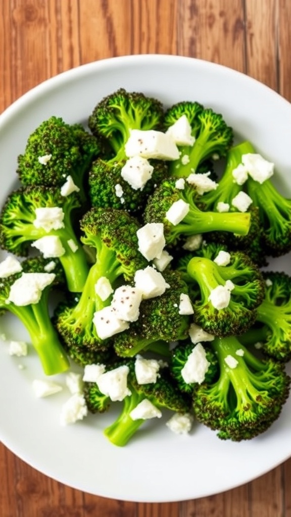 Air-fried broccoli with feta cheese on a plate, garnished with black pepper on a rustic table.